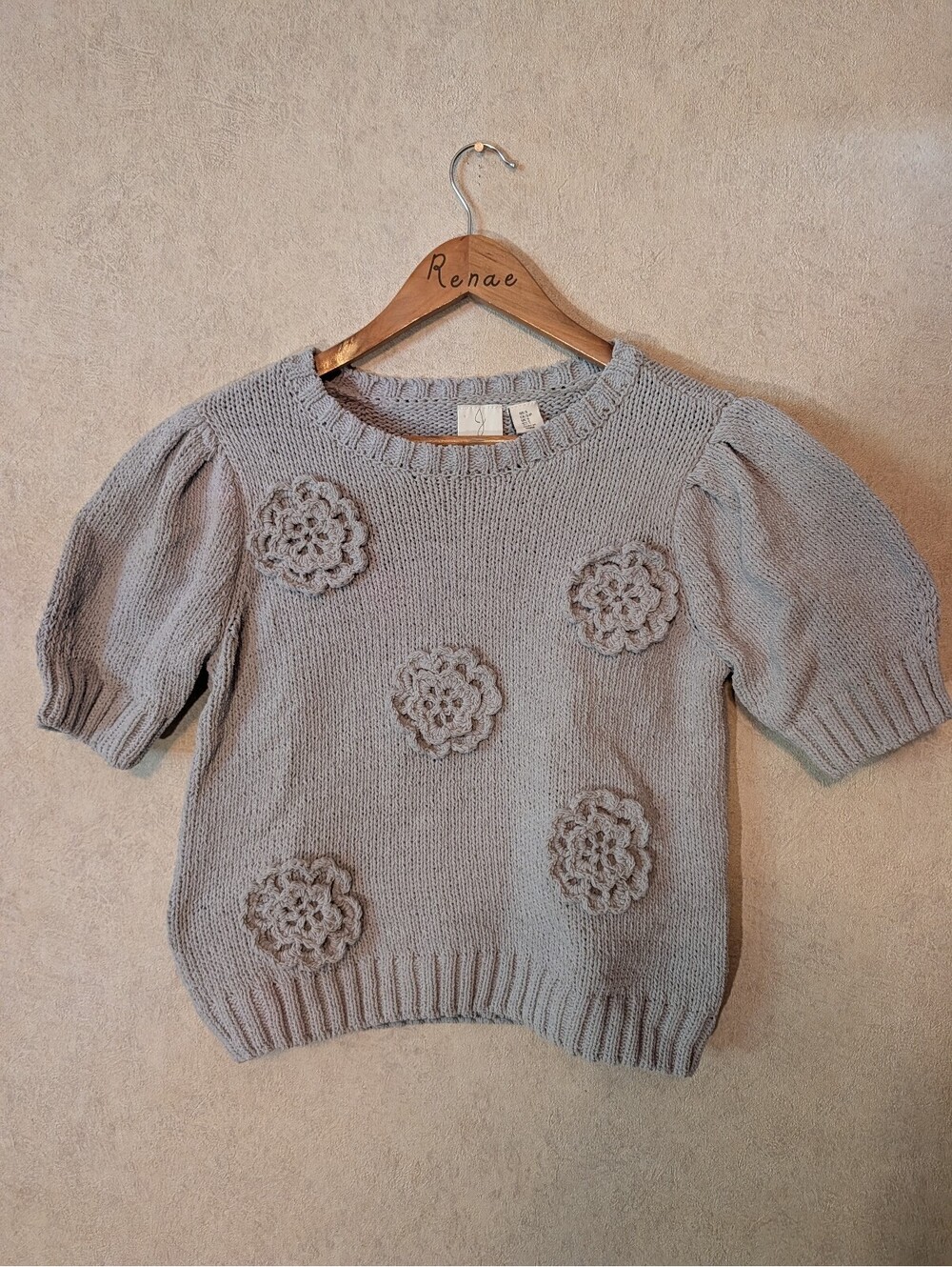 JOIE sage green knit 3D floral short sleeve cropped sweater sz S